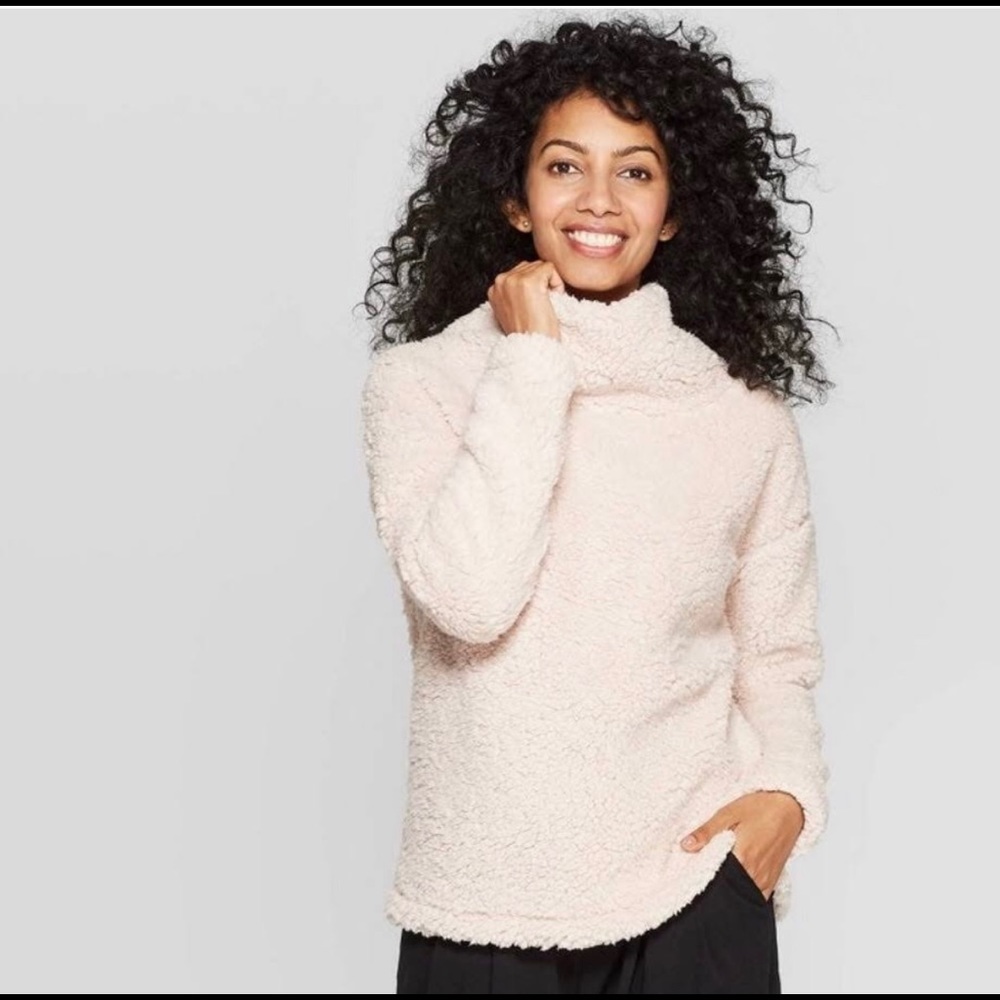 Women’s Sherpa Pullover Sweater Cowl Neck Light Pink Size XL